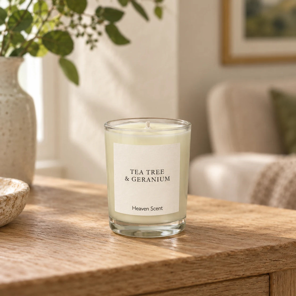 Heaven Scent Tea Tree And Geranium Small Candle, ivory wax in clear glass on an oak console