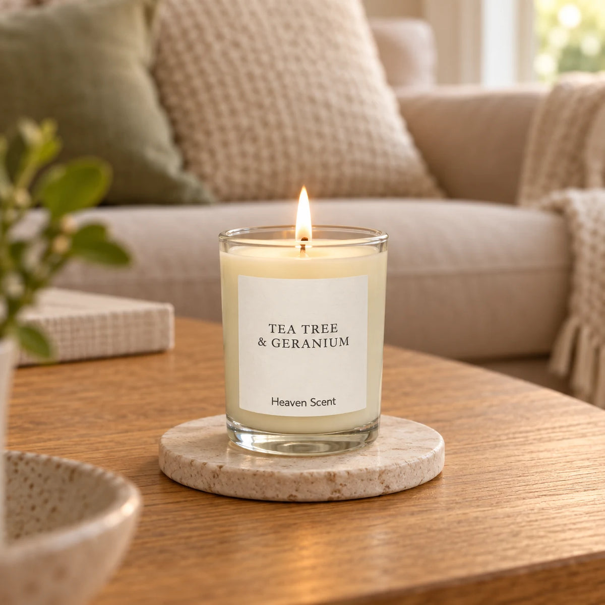 Heaven Scent Tea Tree And Geranium Small Candle, lit in clear glass on a stone coaster in a living room