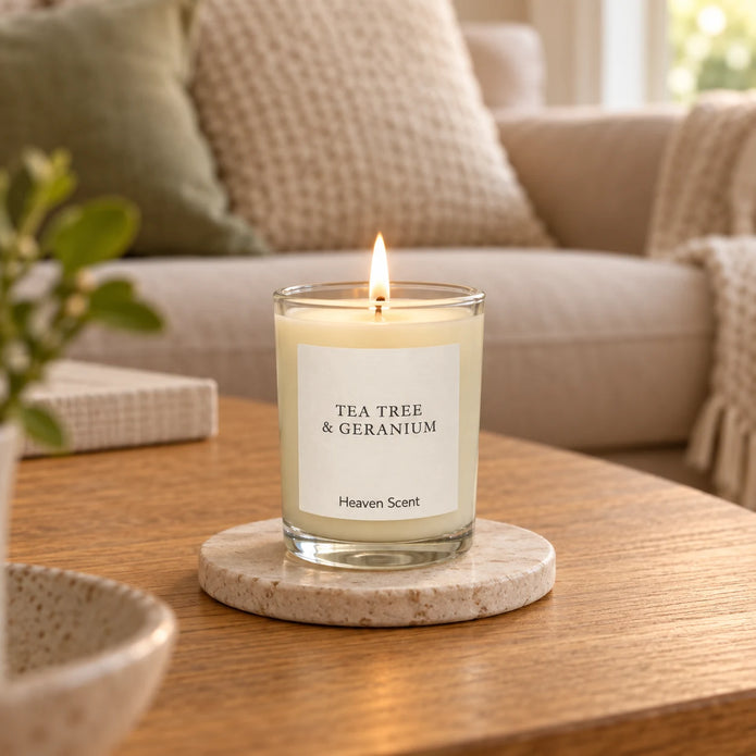 Heaven Scent Tea Tree And Geranium Small Candle, lit in clear glass on a stone coaster in a living room