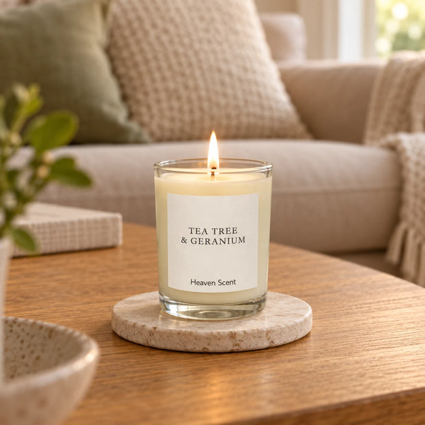 Heaven Scent Tea Tree And Geranium Small Candle, lit in clear glass on a stone coaster in a living room