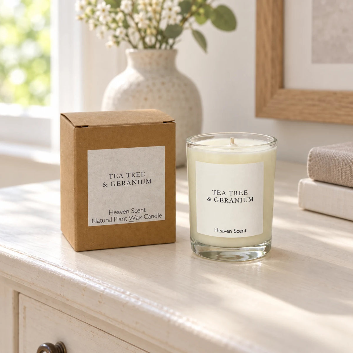 Heaven Scent Tea Tree And Geranium Small Candle, unlit with its brown kraft box on a cream console