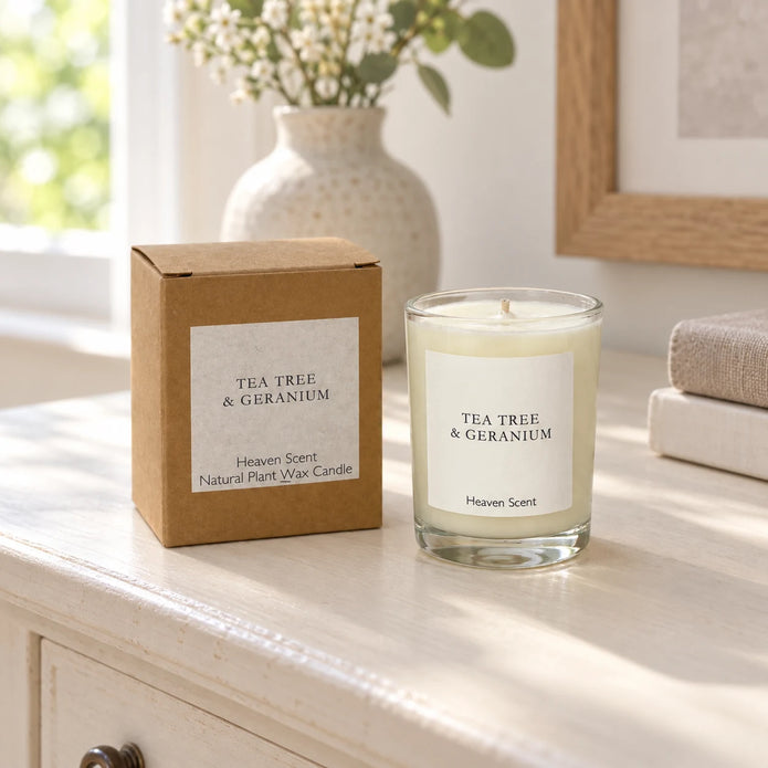 Heaven Scent Tea Tree And Geranium Small Candle, unlit with its brown kraft box on a cream console