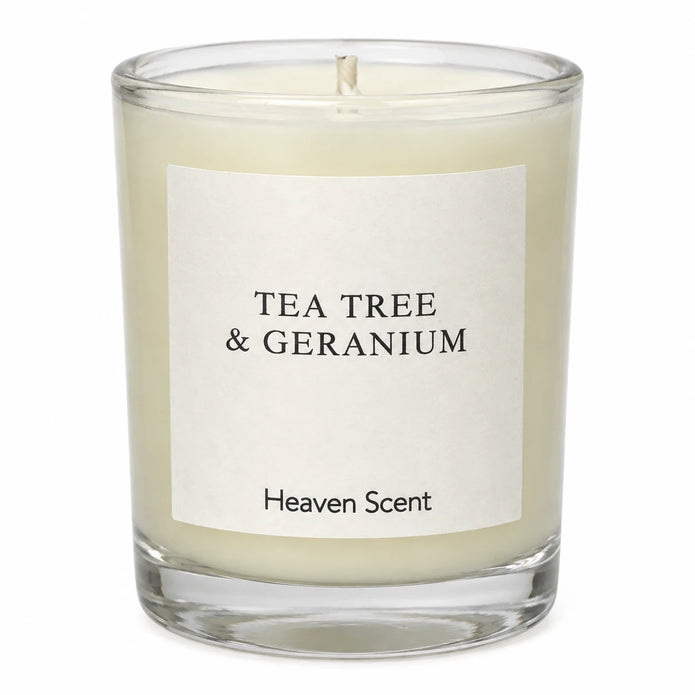 Heaven Scent Tea Tree And Geranium Small Candle, close-up of the fragrance label and clear glass