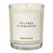 Heaven Scent Tea Tree And Geranium Small Candle, close-up of the fragrance label and clear glass