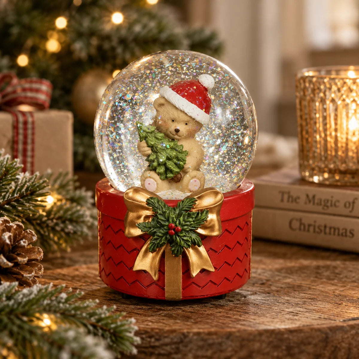 Teddy bear Christmas snow globe with Santa hat and red gift box base styled beside festive greenery and candlelight