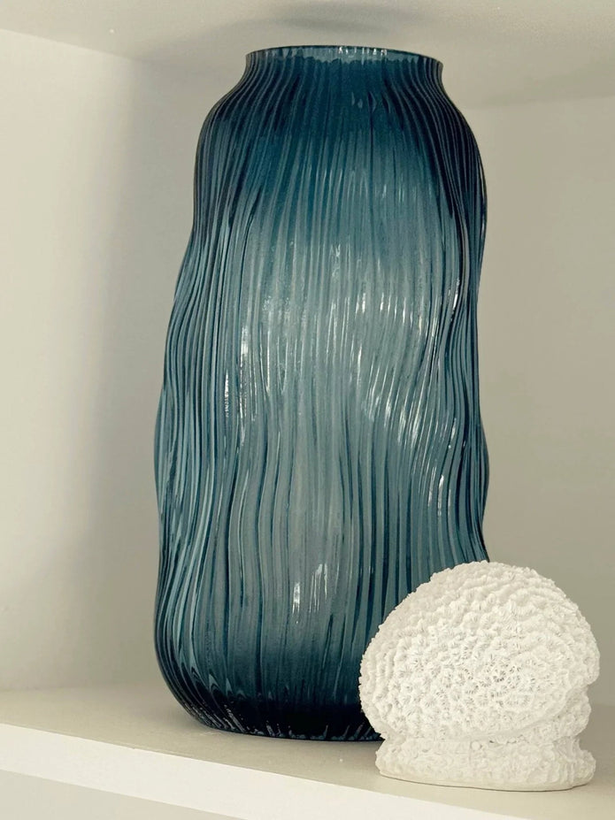 Textured Ridged Dark Blue Glass Vase - VasesVases - Lulu Loves Home
