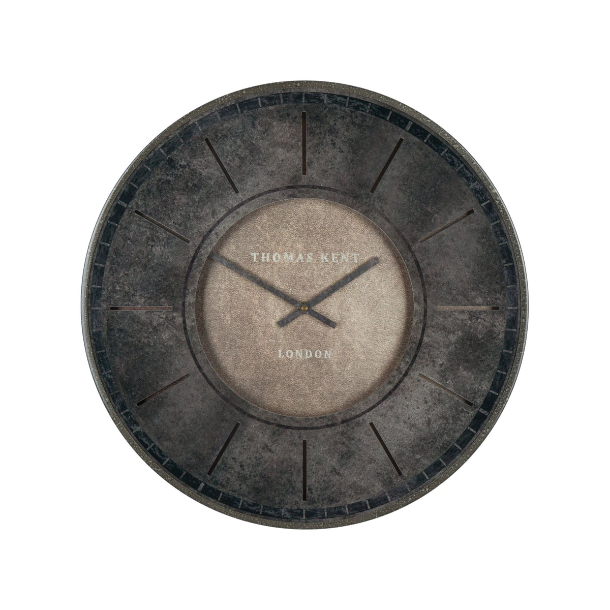 Thomas Kent Florentine wall clock in smoke finish, 21-inch round clock with modern design and black metal frame.