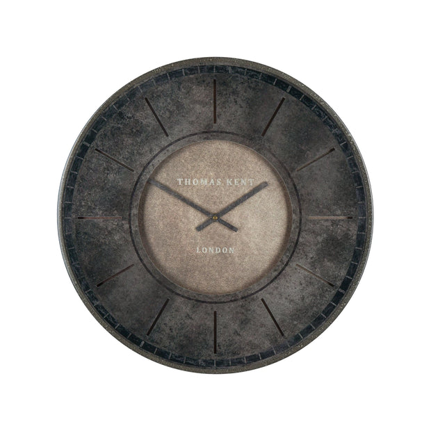 Thomas Kent Florentine wall clock in smoke finish, 21-inch round clock with modern design and black metal frame.