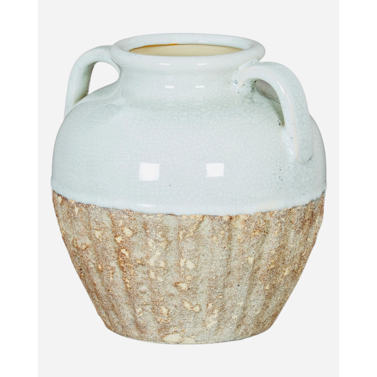 White and beige amphora rustic vase with textured surface and vintage design, perfect for rustic home decor.