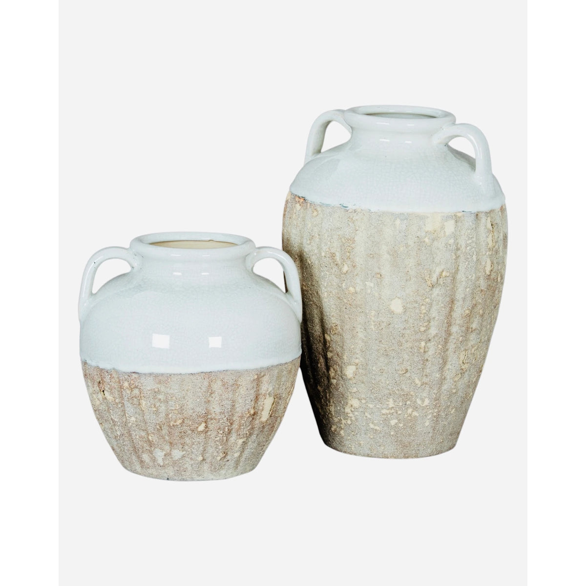 Thorne white and beige amphora rustic vase from Hill Interiors, featuring a classic ceramic design with a textured finish.