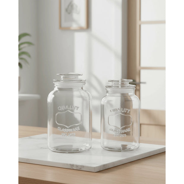 Clear glass pantry storage jar with a lid by Clayre & Eef, ideal for kitchen and dining organization.