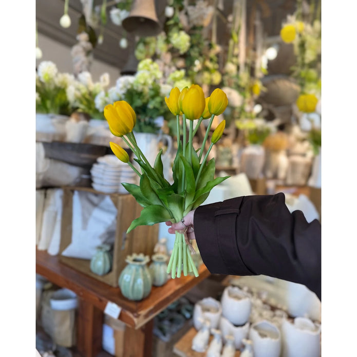 Bunch of 5 yellow artificial tulip stems by Starlight Express, spring flowers with realistic green leaves and vibrant yellow petals