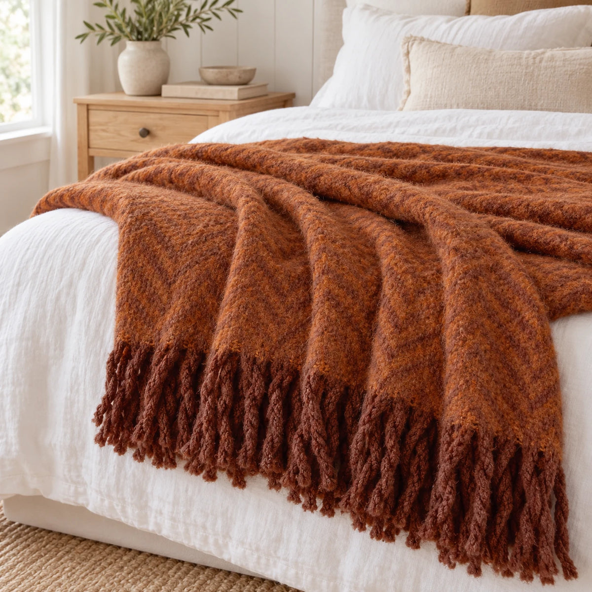 Tweedie cinnamon brushed herringbone throw layered across white linen bedding