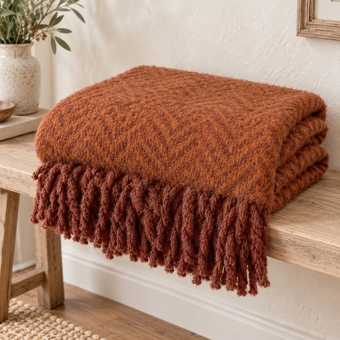 Tweedie cinnamon brushed herringbone throw folded on a pale oak bench