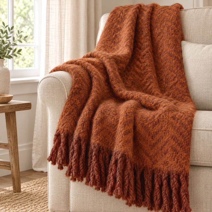 Tweedie cinnamon brushed herringbone throw styled on an oatmeal armchair
