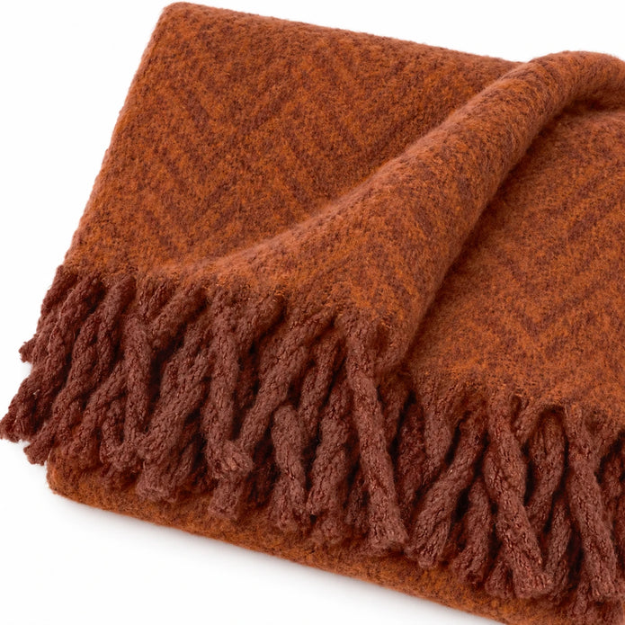Tweedie cinnamon brushed herringbone throw close-up of brushed chevron weave and twisted fringe