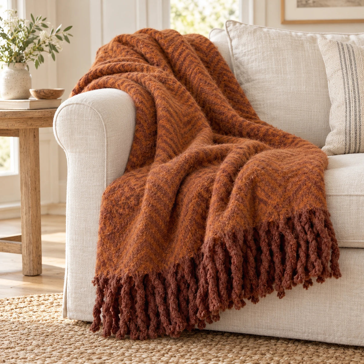 Tweedie cinnamon brushed herringbone throw draped over a cream sofa