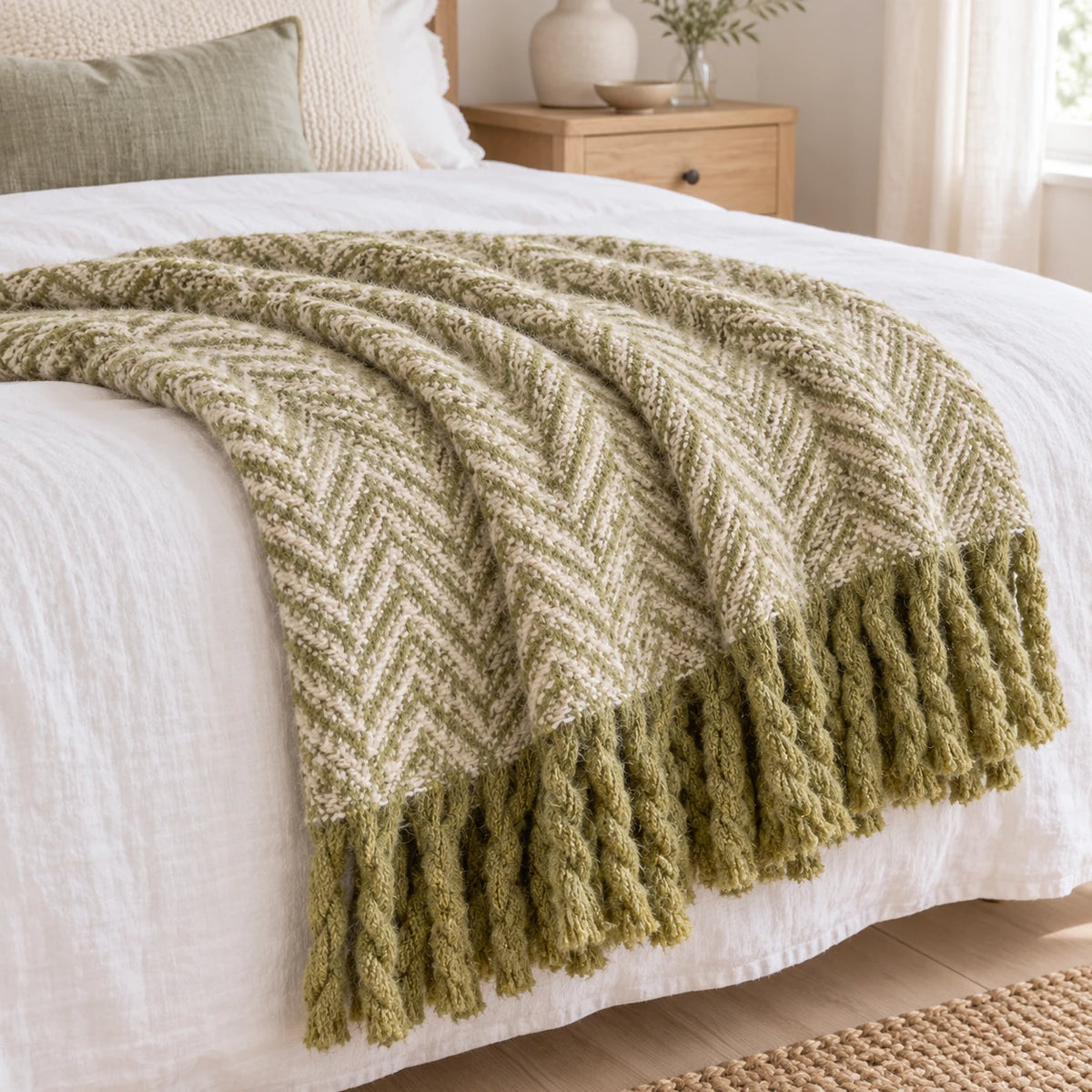 Tweedie green brushed herringbone throw layered across white linen bedding