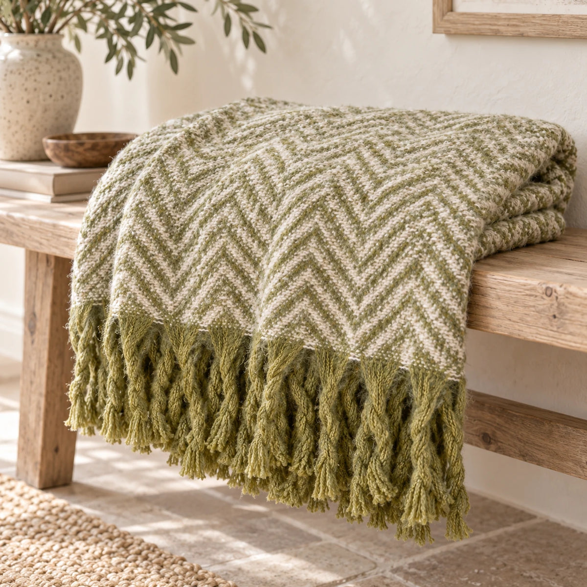 Tweedie green brushed herringbone throw folded on a pale oak bench