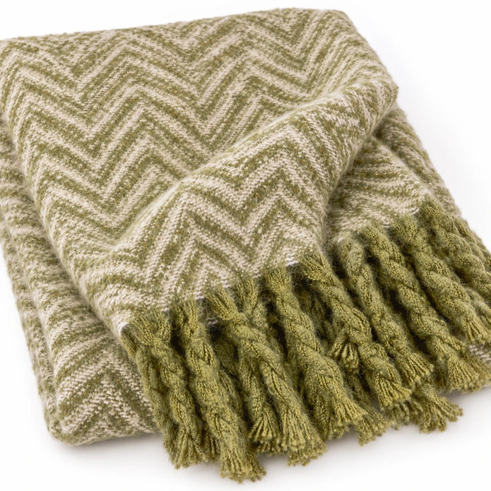Tweedie green brushed herringbone throw close-up of brushed chevron weave and twisted fringe