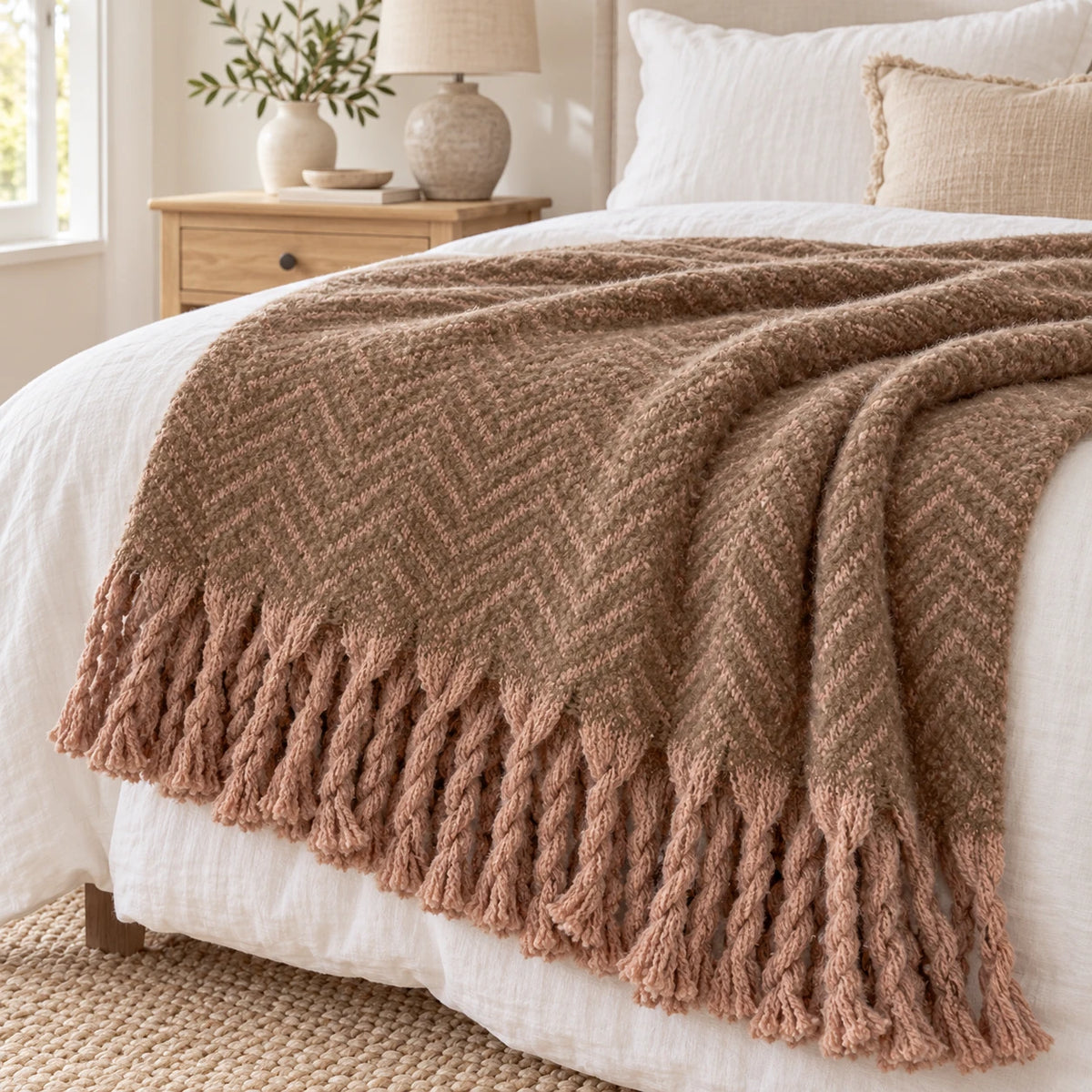 Tweedie mocha brushed herringbone throw layered across white linen bedding