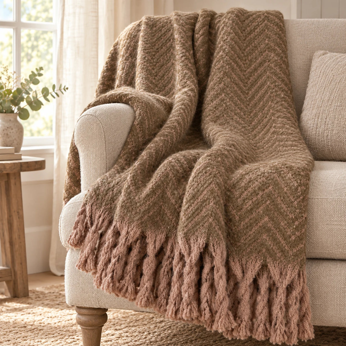 Tweedie mocha brushed herringbone throw styled on an oatmeal armchair