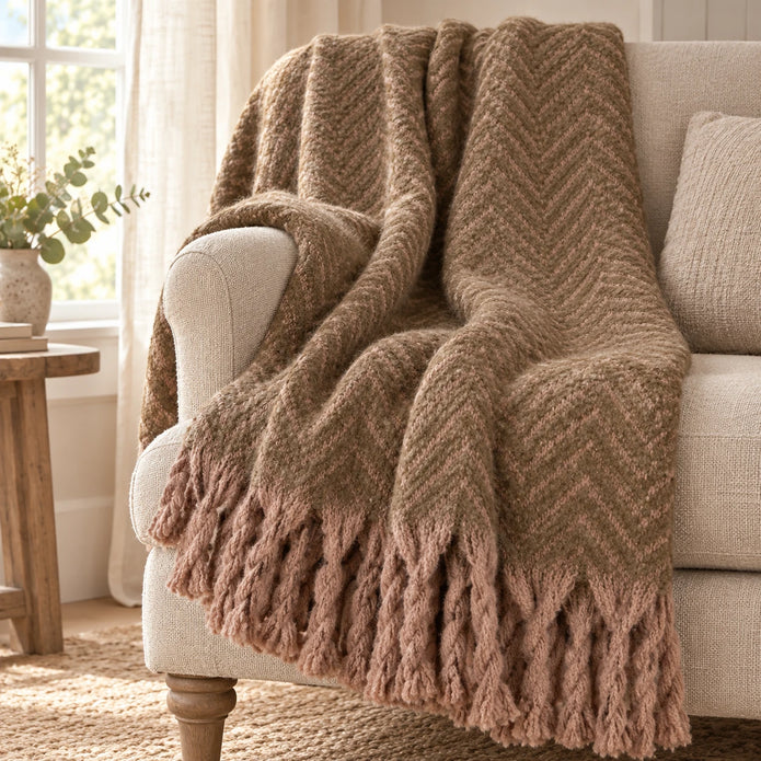 Tweedie mocha brushed herringbone throw styled on an oatmeal armchair