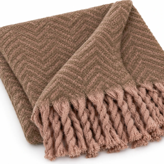 Tweedie mocha brushed herringbone throw close-up of brushed chevron weave and twisted fringe