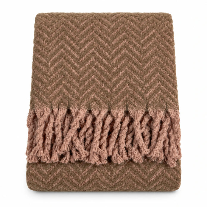 Tweedie mocha brushed herringbone throw folded with fringe on a white background