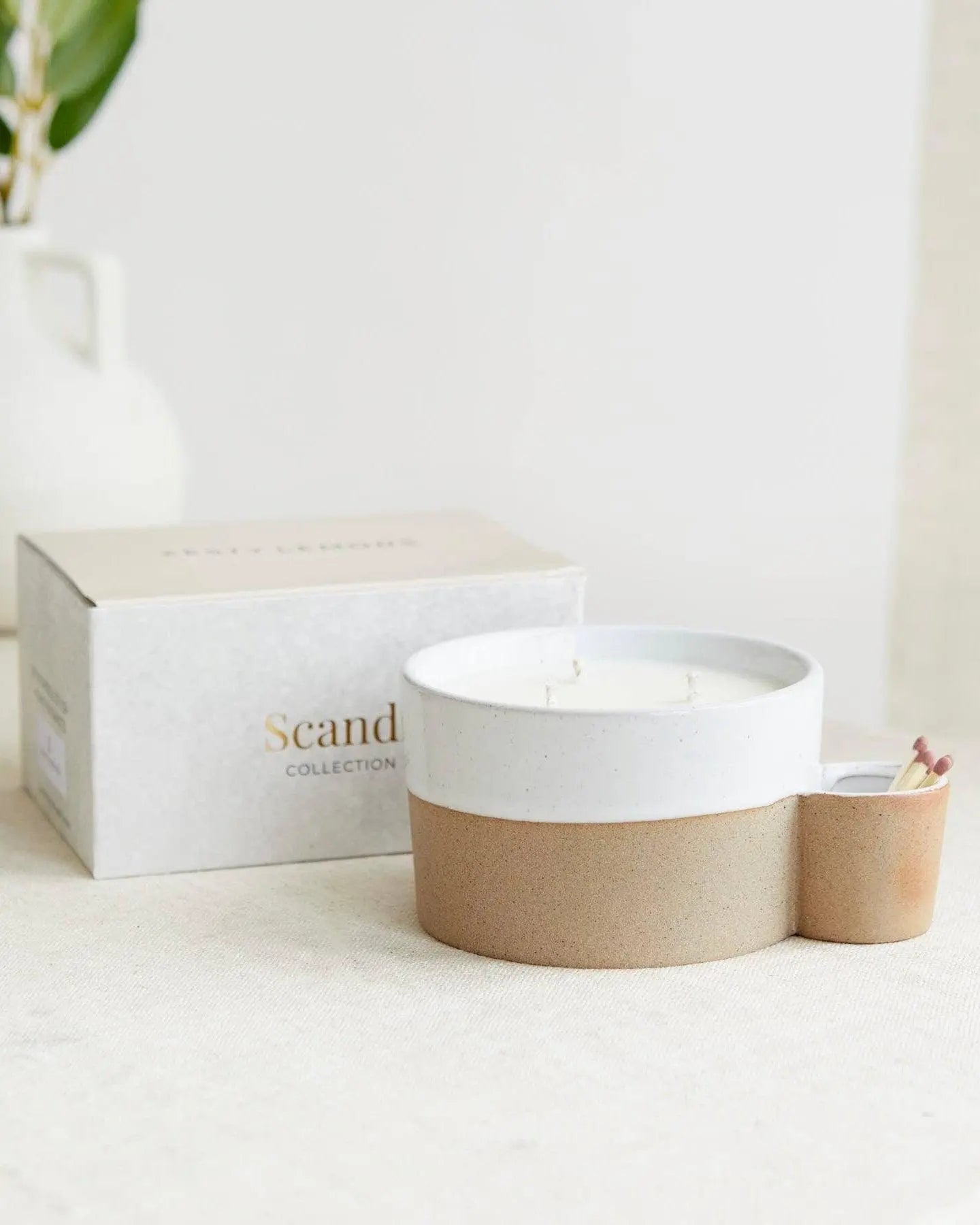 Two Toned Ceramic Candle with Match Pot Holder - Lulu Loves Home