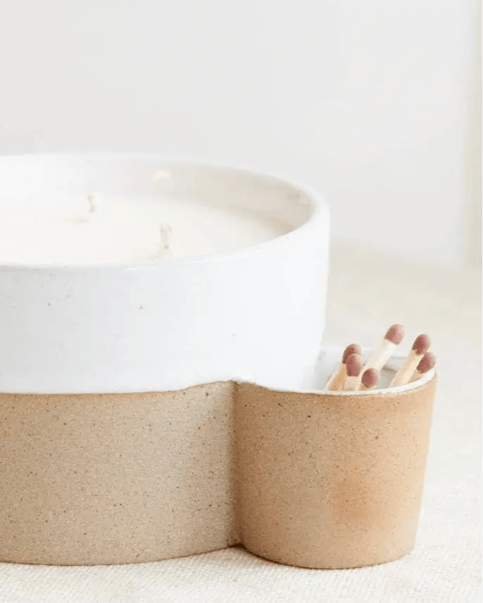 Two Toned Ceramic Candle with Match Pot Holder - Lulu Loves Home