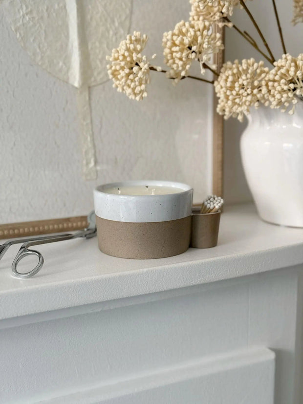 Two Toned Ceramic Candle with Match Pot Holder - Lulu Loves Home