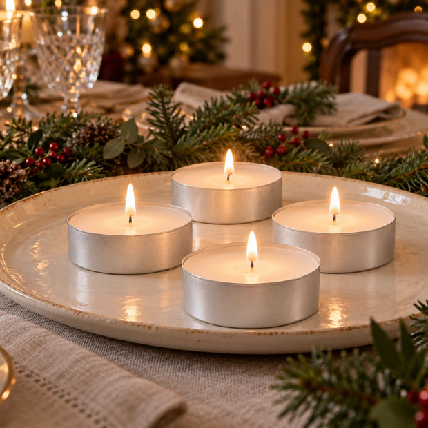 Ancient Wisdom unscented large maxi tealight candles, set of four arranged for dining décor