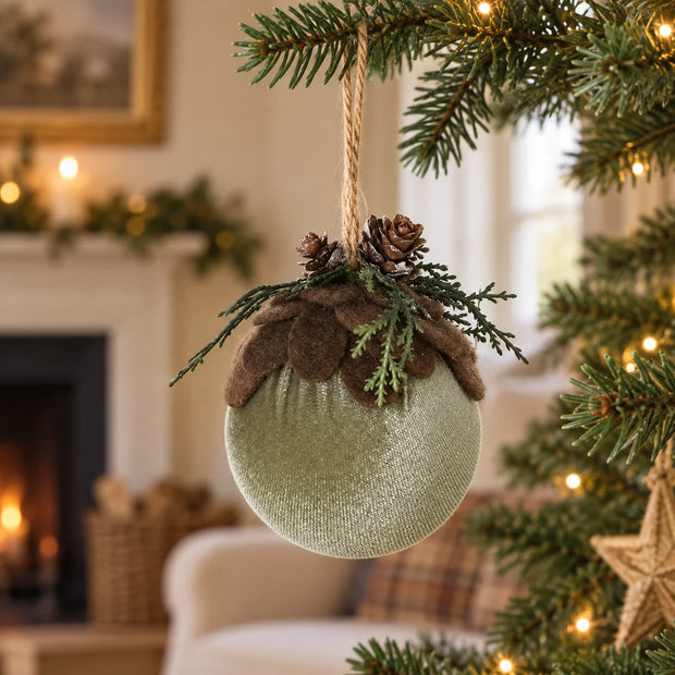 Green velvet woodland bauble hanging on a Christmas tree.