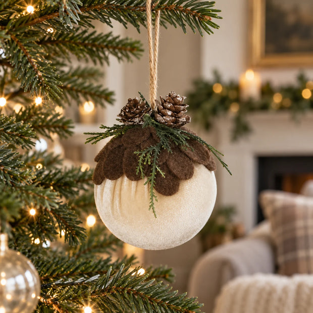 Cream velvet woodland bauble hanging on a Christmas tree.