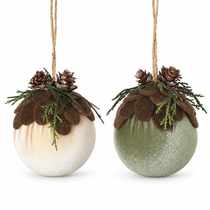 Velvet Bauble With Woodland Pinecone Decor against a white studio background.