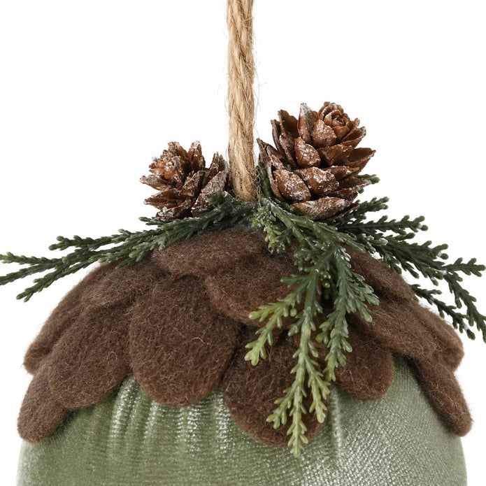 Close-up of green variant original pinecone and jute attachment on Velvet Bauble With Woodland Pinecone Decor.