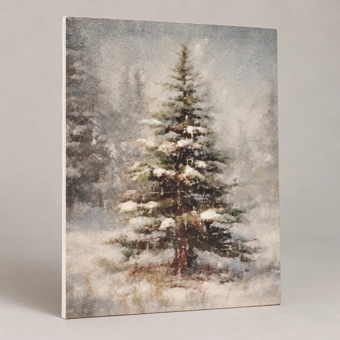 Angled studio view of the snowy tree print and thin edge of the Vintage Christmas Tree canvas board