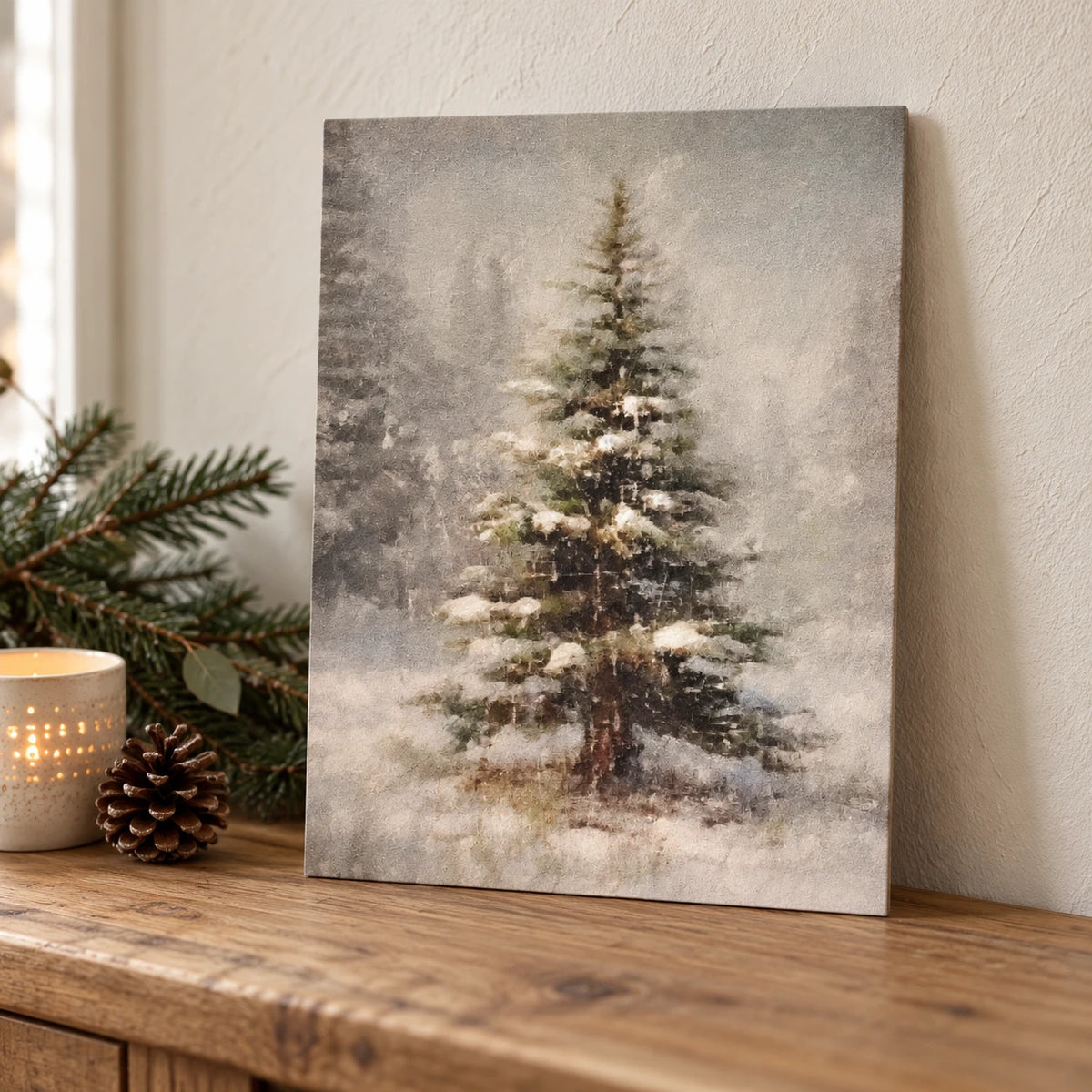 Vintage Christmas Tree canvas board styled unframed on an oak console with festive greenery