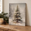 Vintage Christmas Tree canvas board styled unframed on an oak console with festive greenery