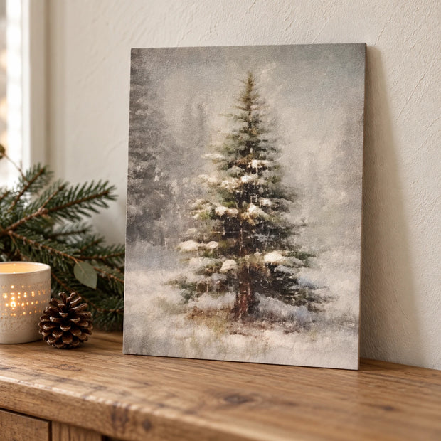 Vintage Christmas Tree canvas board styled unframed on an oak console with festive greenery