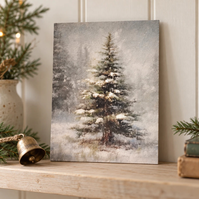 Unframed Vintage Christmas Tree canvas board on a shelf beside a rustic brass bell