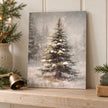 Unframed Vintage Christmas Tree canvas board on a shelf beside a rustic brass bell