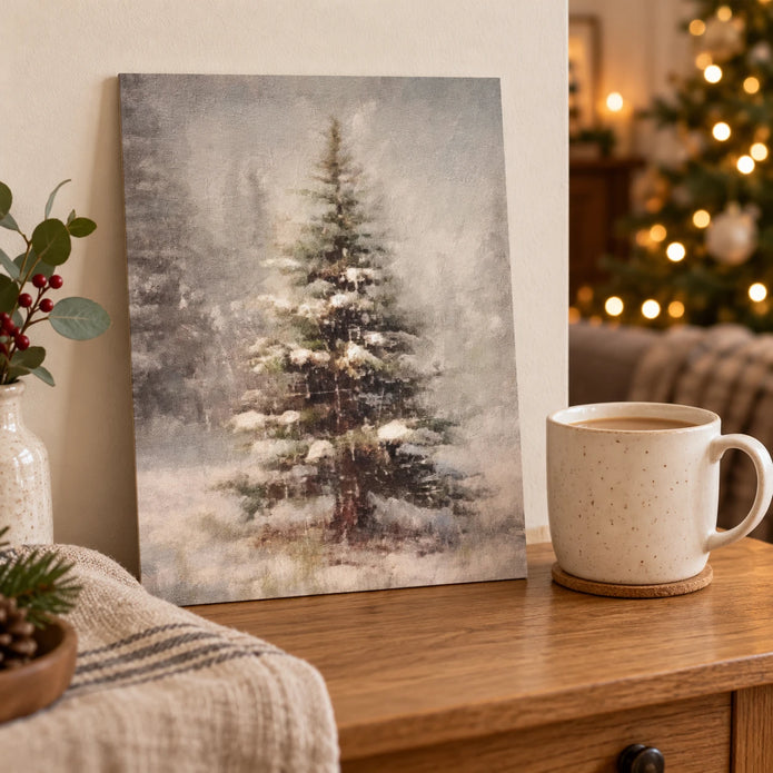 Vintage Christmas Tree canvas board on a side table beside a mug of tea