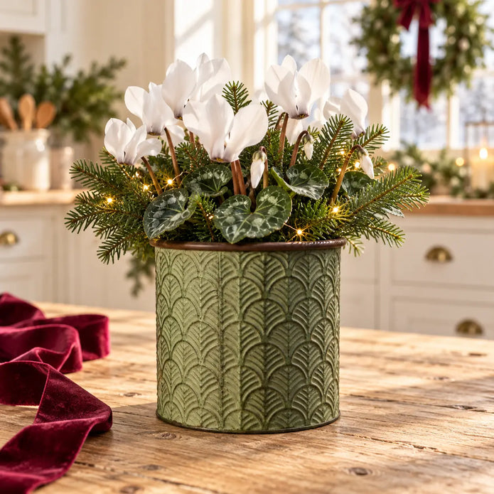 Small vintage green leaf-pattern metal planter styled with white cyclamen and fir sprigs on a country kitchen table