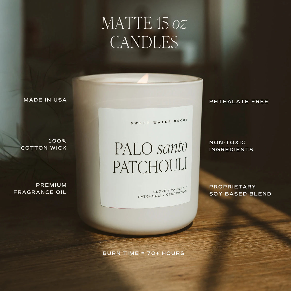 Sweet Water Decor 15 oz matte candle feature graphic, illustrated with a lit Palo Santo Patchouli candle on wood.