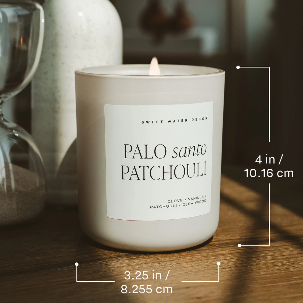 Sweet Water Decor matte candle size graphic, showing a Palo Santo Patchouli jar labelled 4 inches high and 3.25 inches wide.