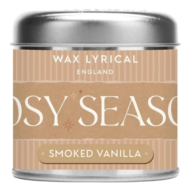Cosy Season Smoked Vanilla Candle, front view of the Smoked Vanilla candle tin and label