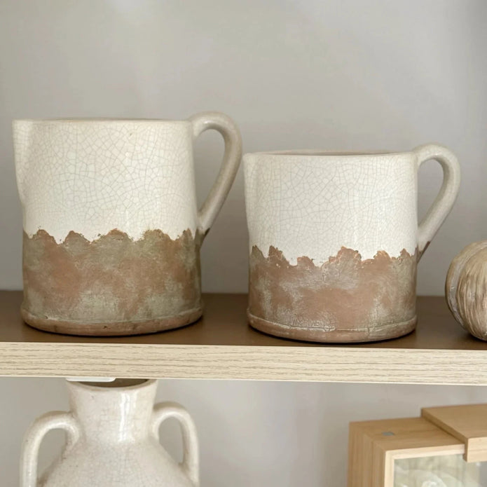 White and terracotta rustic ceramic handled jug vase by Gainsborough Giftware, featuring a textured finish and classic design.