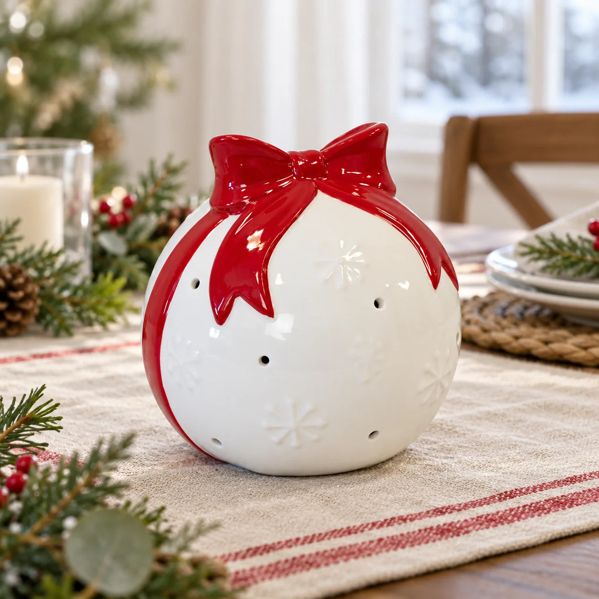 Satchville white Christmas bauble with red bow hanging ornament
